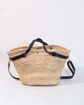 Jemure Handwoven Palm Straw Tote Bag with Leather Crossbody Strap & Gold Rivets – Natural/Black