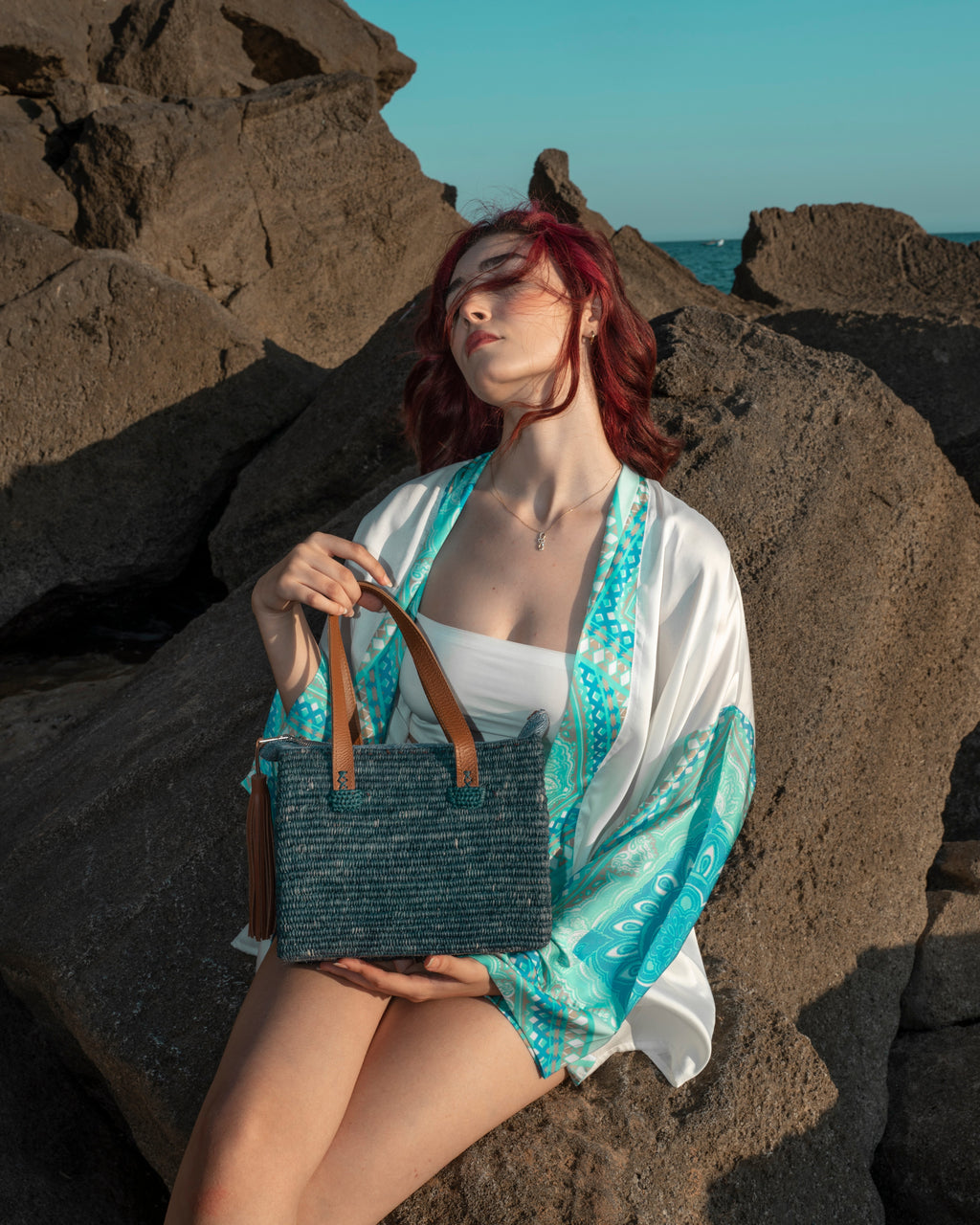 Jemure Handwoven Raffia Tote Bag with Leather Handles & Zip Top – Navy Blue