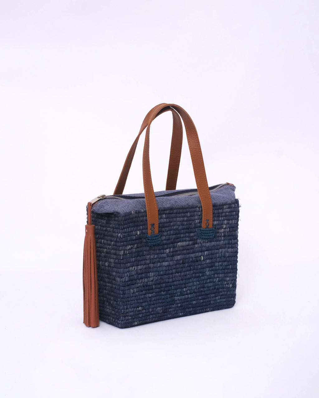 Jemure Handwoven Raffia Tote Bag with Leather Handles & Zip Top – Navy Blue