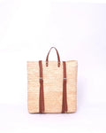 Jemure Handwoven Palm Straw Convertible Backpack Tote with Brown Leather Straps – Natural/Brown
