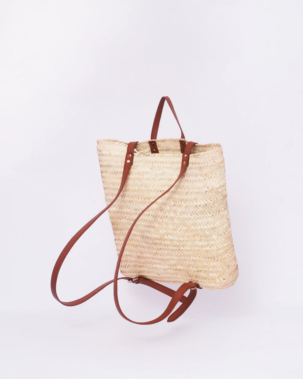 Jemure Handwoven Palm Straw Convertible Backpack Tote with Brown Leather Straps – Natural/Brown