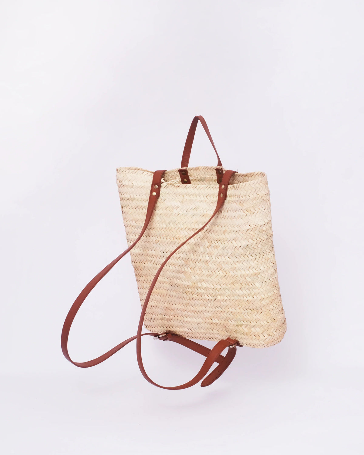 Jemure Handwoven Palm Straw Convertible Backpack Tote with Brown Leather Straps – Natural/Brown