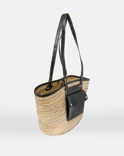 Jemure Handwoven Palm Straw Tote Bag with Black Leather Trim & Zip Canvas Pouch – Natural/Black