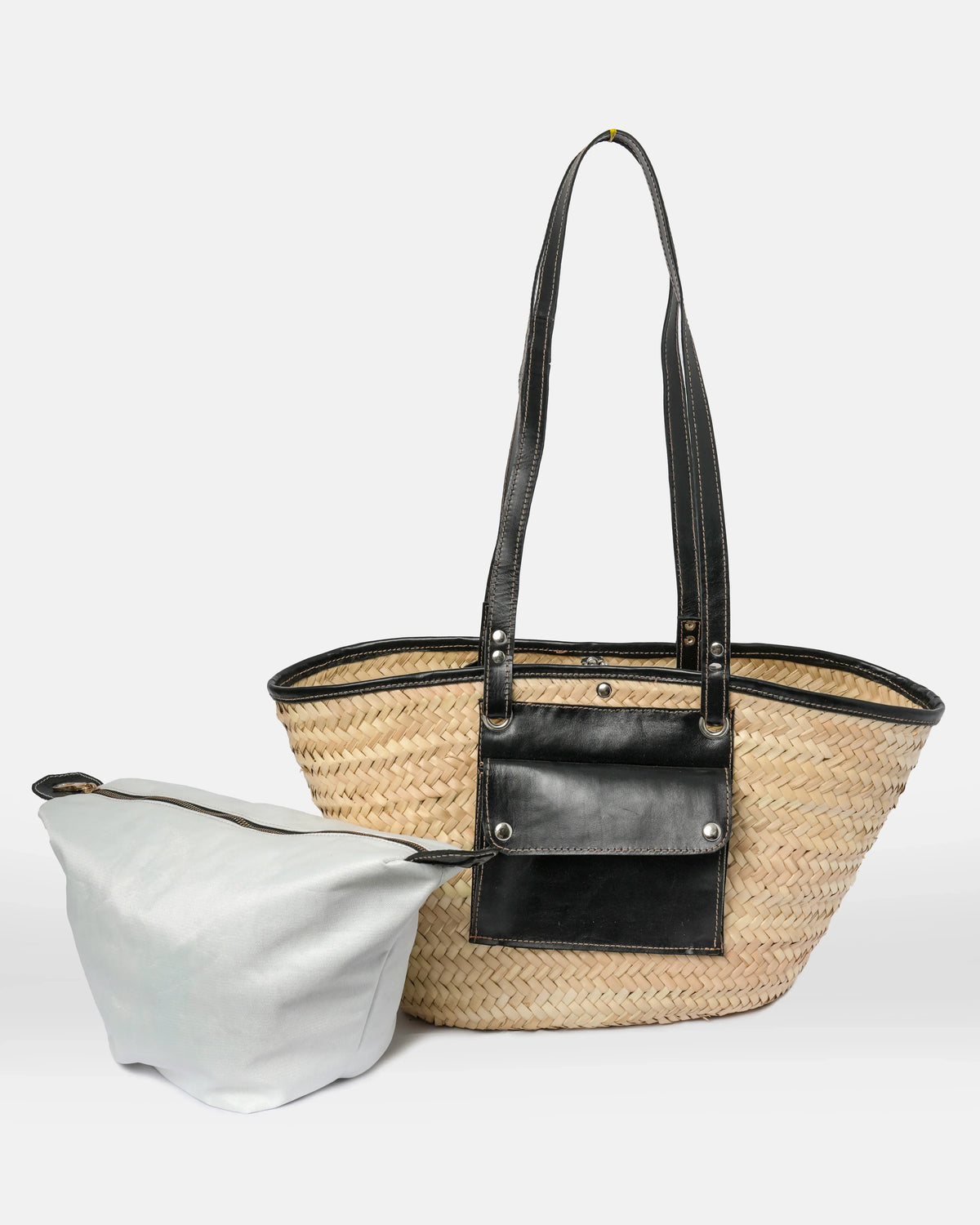 Jemure Handwoven Palm Straw Tote Bag with Black Leather Trim & Zip Canvas Pouch – Natural/Black