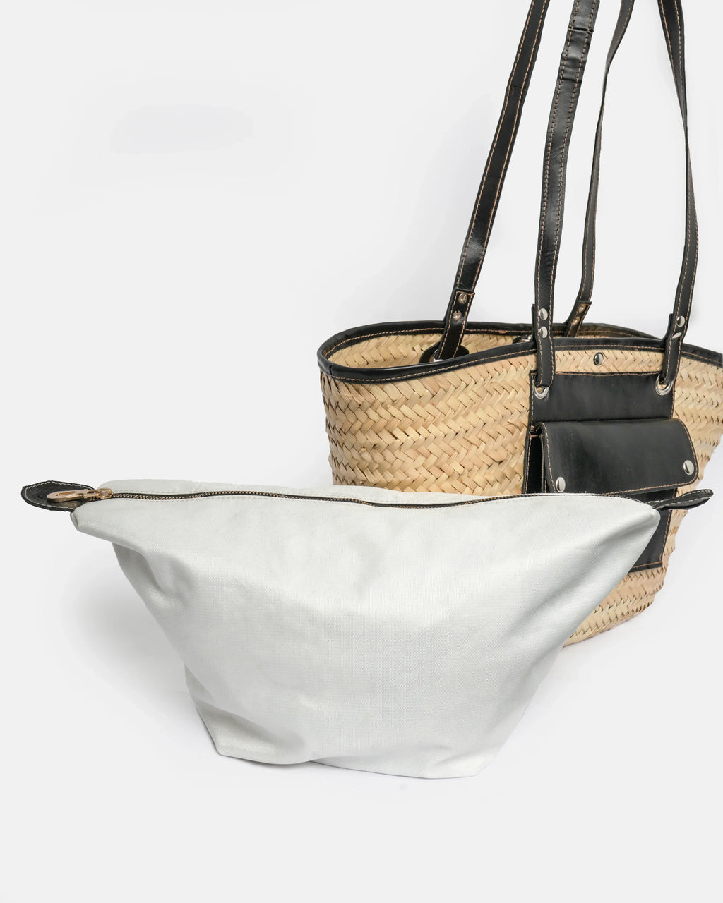 Jemure Handwoven Palm Straw Tote Bag with Black Leather Trim & Zip Canvas Pouch – Natural/Black